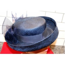 Vintage Navy Blue Straw and Tulle Bow Mujer&apos;s Hat   eb-60274299